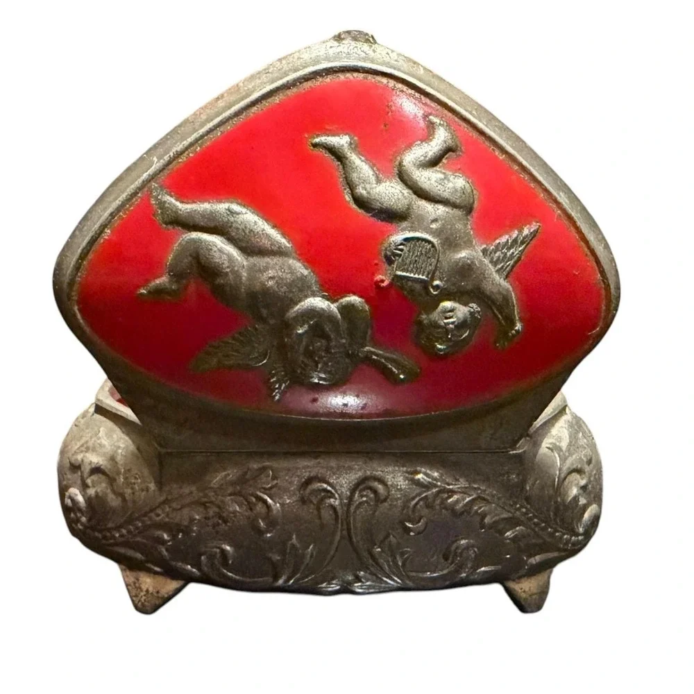 VTG Silver Tone Red Velvet Lined Metal Footed Cherub Jewelry Trinket Box Japan